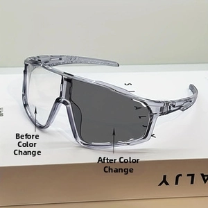 Detail of photochromic polarized sunglasses showing lens color change under UV light