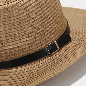 Western straw sun hat with black leather belt buckle decoration and tight weave texture