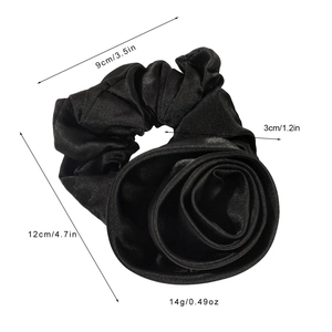 Detailed size view of black satin flower scrunchie with 12cm diameter and 14g weight