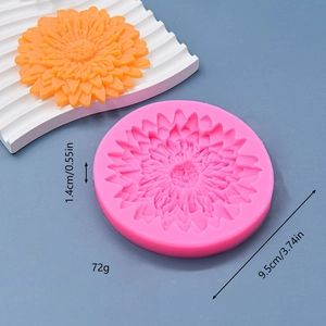 Pink silicone sunflower mold for DIY baking with dimensions and orange flower sample