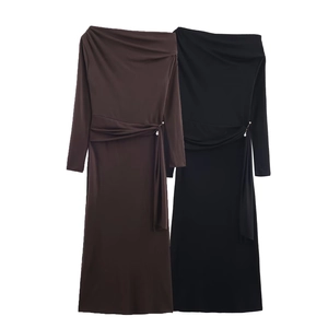 One Shoulder Long Sleeve Maxi Dress Stretch Polyester Ruched Bodycon With Artificial Pearl Accent Elegant Evening Gown