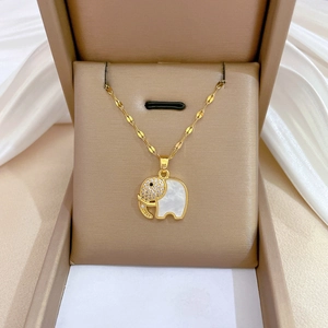 Elephant Pendant Necklace Gold Plated Stainless Steel Chain Copper Zircon Micro Inlay Shell For Women Elegant Jewelry