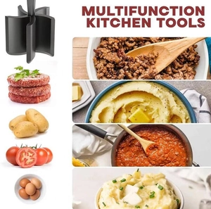 Multifunctional meat chopper tool crushing beef, potatoes, tomatoes and boiled eggs