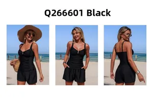 Detail view showing front ruched design and back crisscross straps of black tankini set