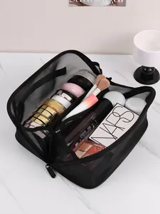 Large capacity black mesh makeup bag with multi-layer compartments for cosmetics storage