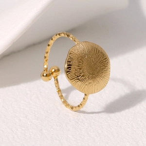 Minimalist gold plated stainless steel open ring with round textured disk and dual beads