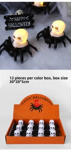 Detail of 12pcs Halloween skull spider LED lights in a colorful themed display box