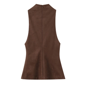 Haut sans manches marron foncé pour femme avec texture daim et fermeture éclair au dos