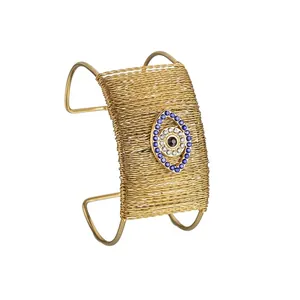 Evil Eye Cuff Bracelet 18K Gold Plated Stainless Steel Wire Wrapped Woven Wide Hollow Out Bangle Bohemian Jewelry