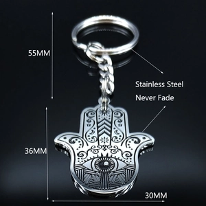 Polished silver Hamsa hand stainless steel keychain with detailed product dimensions