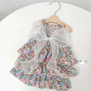 Floral print pet dress with layered tulle skirt and white mesh bow for small dogs and cats