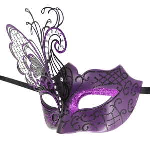 Detailed view of the purple butterfly masquerade mask with glitter accents and cutout metal