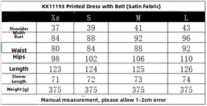 Detailed size chart for the long-sleeved floral satin shirt dress with belt specifications
