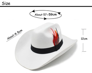 Detailed size chart for white felt cowboy hat with 9.5cm brim and feather detail