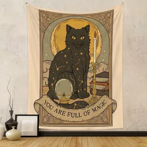 Tarot Card Tapestry Wall Hanging Polyester Mystic Black Cat Moon Phase Bohemian Aesthetic Decor For Bedroom Living Room