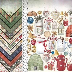 Close-up of 6x6 inch vintage Christmas junk journal papers with festive patterns
