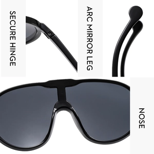 Detail view of reinforced hinges, anti-slip curved temples, and integrated nose pads of sunglasses