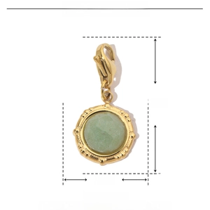 Detailed view of round gold stainless steel pendant with green natural stone and dimensions