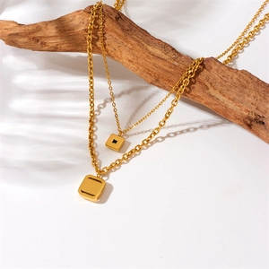 Double-layer gold plated link chain necklace with minimalist square geometric pendants