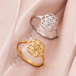 Adjustable hollow mandala flower stainless steel rings in gold and silver finish