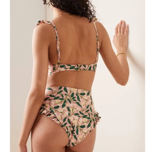 Detail view of pink floral bikini back with ruffle straps and high waisted bottom fit