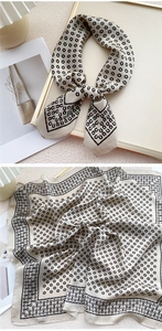 Détails du motif géométrique et de la texture satinée lisse du foulard carré en soie 70cm