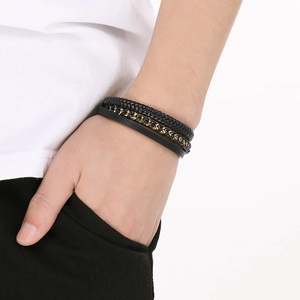 Men's multilayer braided leather bracelet with gold metal thread and magnetic clasp
