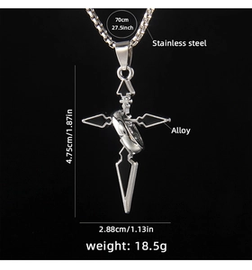 Detail view of cross pendant necklace with dimensions 4.75cm and 70cm chain length
