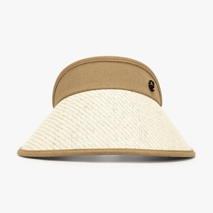 Women UV protection sun visor with khaki fabric crown and woven straw brim
