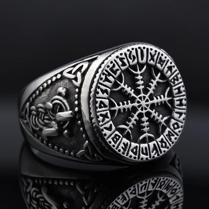 Vintage Viking compass rune ring for men in antique silver finish with Celtic knot details