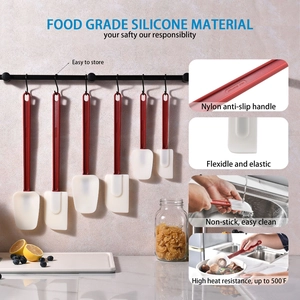 Macro details of red food-grade silicone spatulas showing flexibility and 500F heat resistance