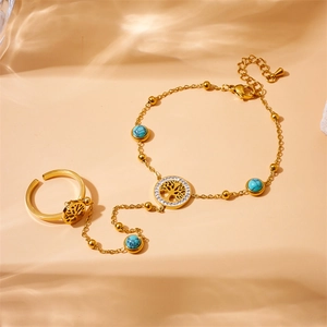 Gold plated tree of life bracelet ring set with turquoise beads and crystal accents