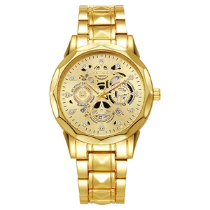 Heren automatisch goud skelet horloge met chronografen en roestvrijstalen band