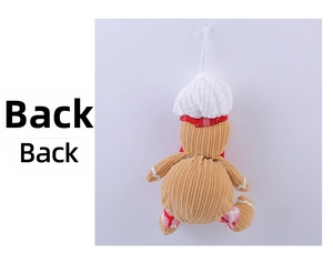 Rear view of gingerbread man plush pendant with brown corduroy and a white chef hat