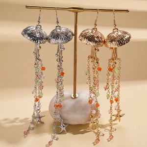 Elegant jellyfish tassel earrings with colorful glass beads and starfish pendants