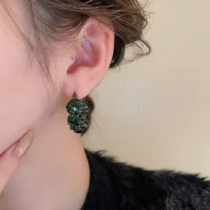 Vintage geometric earrings with emerald green crystals and rhinestones for women