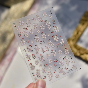 3D relief nail stickers featuring pink peach blossoms and berries in vintage style
