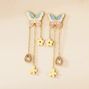 Golden butterfly earrings with pink-blue gradient enamel and hanging flower tassels
