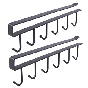 Close-up of black metal under-cabinet racks with 6 hooks and slot-in mounting