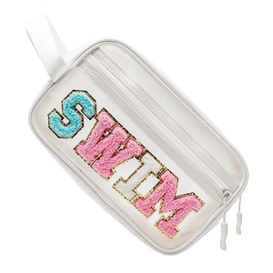 Borsa cosmetica trasparente in PVC con lettere SWIM in ciniglia e bordo dorato
