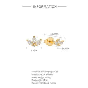 Detailed size specifications of S925 sterling silver fish style stud earrings with cubic zirconia