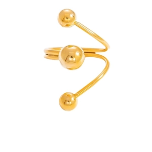 18k gold plated stainless steel open spiral ring with triple sphere beads on white background