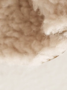 Détail macro de la texture en fausse fourrure beige douce d'une veste chaude pour femme