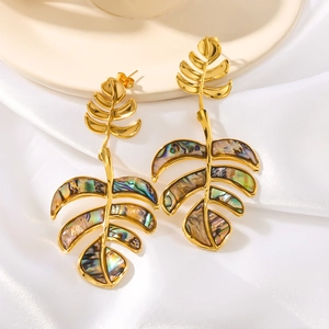 18K gold stainless steel leaf earrings featuring natural abalone shell inlay on white silk