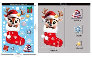 Detailed size chart for Christmas window stickers with Reindeer, Santa, and Snowflake dimensions