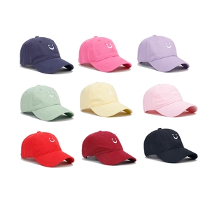 Nine colors of minimalist cotton baseball caps for kids with smiley face embroidery