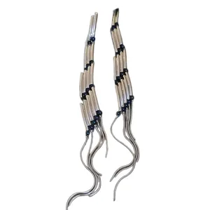 Silver rectangle tassel earrings with blue beads and long snake chain fringes