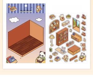 Detail of DIY 3D library stickers with cute animals and miniature furniture components