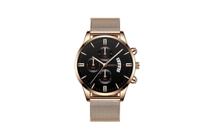Detail of Geneva men's watch with gold mesh strap, black dial, and three sub-dials