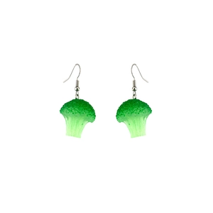Close-up of realistic resin broccoli dangle earrings with detailed green texture